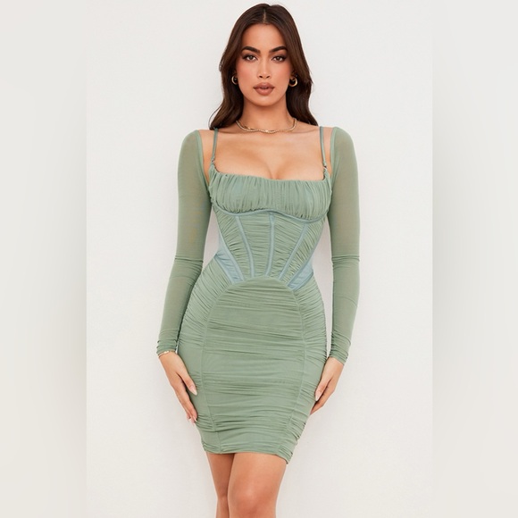 House of CB FREYJA GREEN GATHERED CORSET DRESS Size Small$239